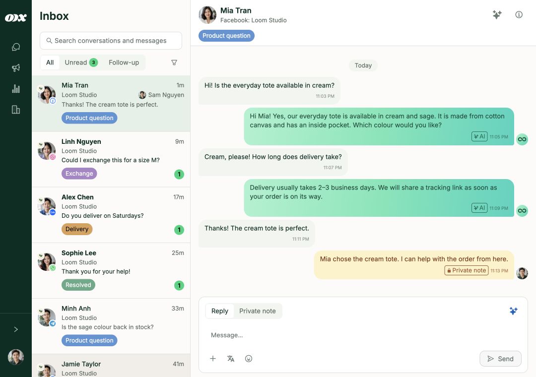 The real Loopex inbox with fictional customer conversations