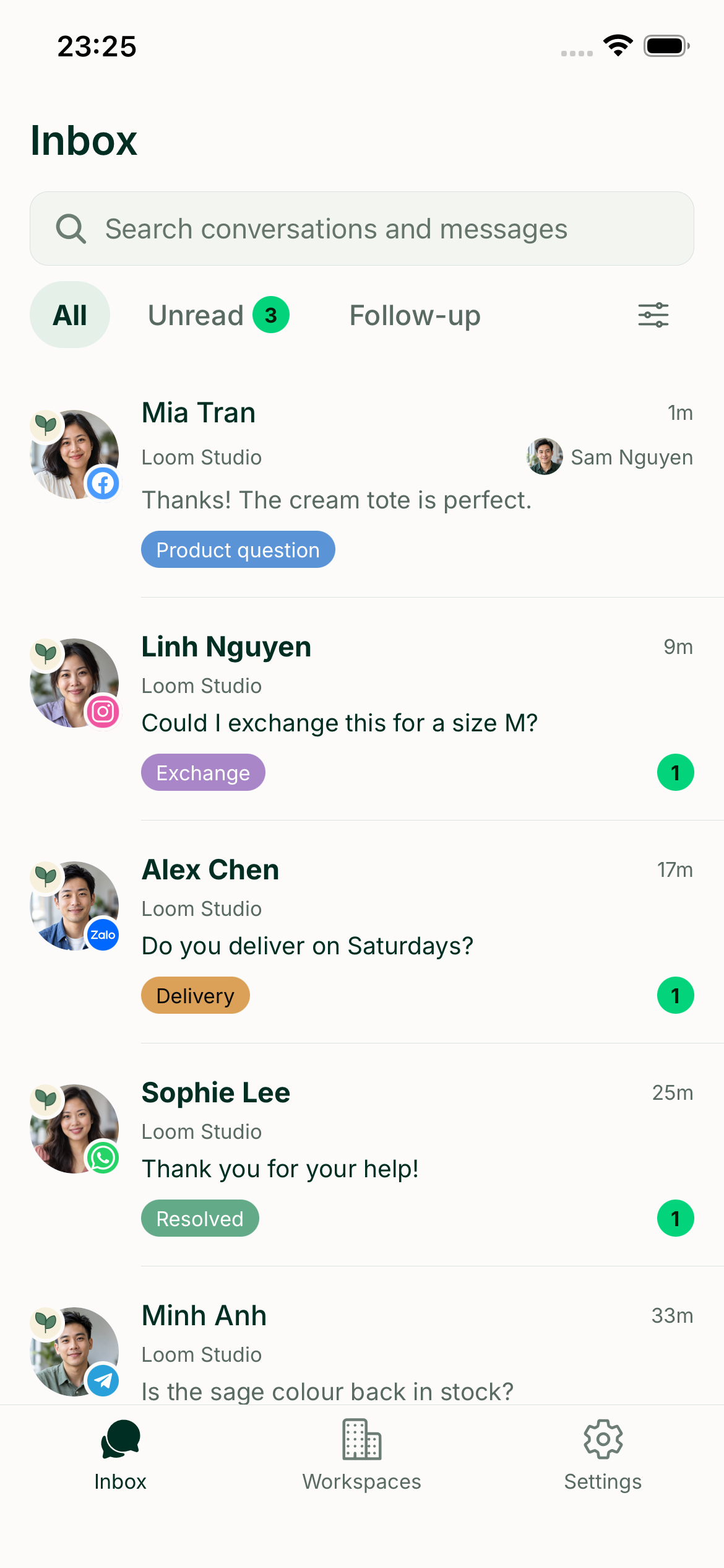 Loopex native iOS inbox captured on iPhone 17e with fictional profiles and messages
